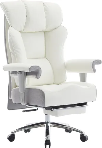 Miniatura 17 de Efomao Silla de oficina grande y alta con reposapiés, silla ejecutiva de respaldo alto de 450 libras con cojín de resorte, tapicería de piel Blanco