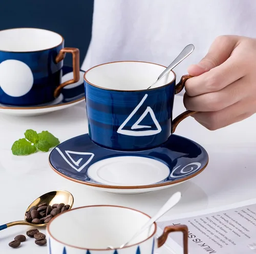 Miniatura 5 de Jusalpha Estilo japonés impreso a mano - Taza de té de porcelana fina de 7 onzas/taza de café con cuchara y bandeja/platillo, vajilla, porción de 4