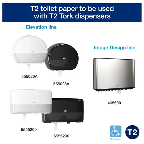 Miniatura 6 de Tork Mini Jumbo rollo de papel tisú para baño - Toallas de papel higiénico con calidad suave avanzada, compatible con dispensador T2 Tork, 12 rollos