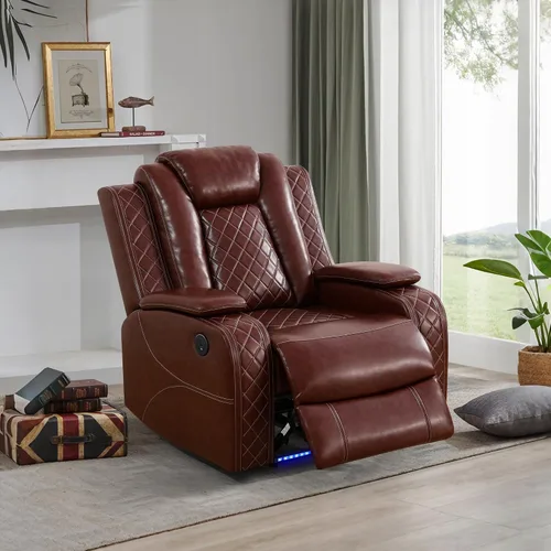 Miniatura 17 de Juego de sofá reclinable eléctrico, sofás reclinables de cuero negro, 3 piezas de sofá reclinable de cuero de aire y silla de dos plazas con luces