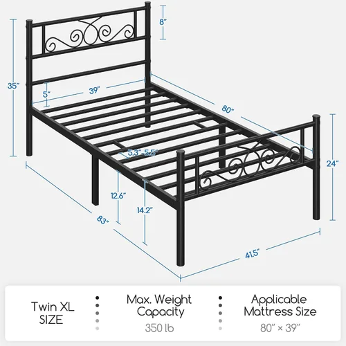 Miniatura 3 de Topeakmart Base de cama de metal clásico negro de 13 pulgadas con cabecero, base de colchón, plataforma de cama, base de cama con listones