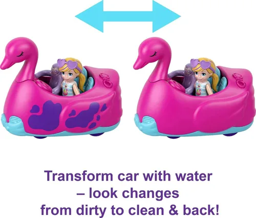 Miniatura 3 de Conjunto de juego Polly Pocket, Pollyville Flamingo Fun Car Wash con 2 muñecas micro, coche de juguete, juego de agua y accesorios que cambian