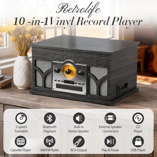 Miniatura 2 de Tocadiscos 10 en 1 con altavoces incorporados, reproducción inalámbrica, reproductor de CD y cassette, reproductor USB, radio AM/FM, tocadiscos de 3