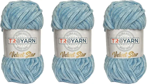 Miniatura 17 de Troyarn Velvet Star (Paquete de 3 Madejas) - Ovillo de felpilla con purpurina plateada para manta de bebé, hilo amigurumi, para ganchillo y tejer