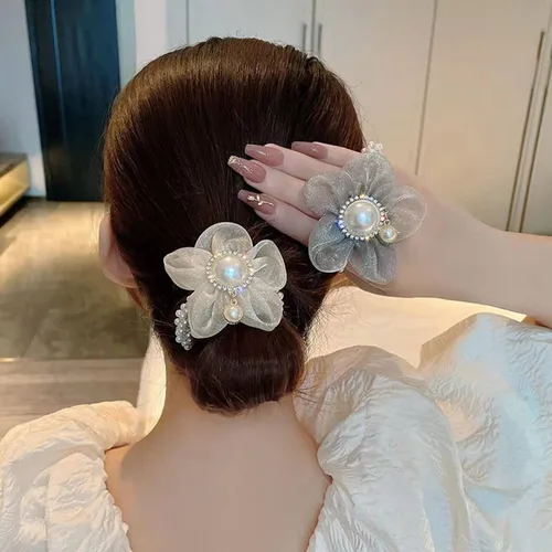 Miniatura 5 de LOVEF Banda elástica de pelo de perlas de flores de moda, accesorio para cola de caballo para damas, mujeres y niñas, juego de 4