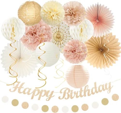 Decoraciones de Fiesta de Cumpleaños Boho de Otoño Dorado Champán Beige - 21 piezas Pancarta Feliz Retro Neutral de Otoño, Girl One Sweet Peach