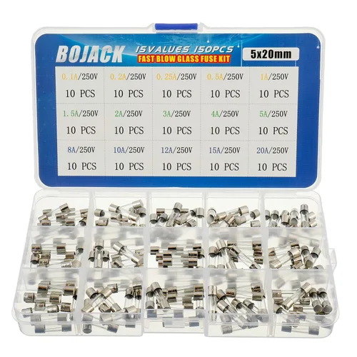 BOJACK 15 Valores 150 piezas de fusibles de vidrio de soplado rápido Kit surtido 0.197x0.787 in 250 V 0.1 0.2 0.25 0.5 1 1.5 2 3 4 5 8 10 12 15 20 A