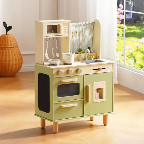 Miniatura 9 de ROBUD Juego de cocina de madera, cocina de juego de simulación para niños, cocina de juguete con microondas, fregadero, estufa y máquina de hielo