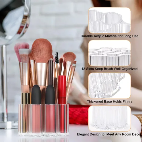Miniatura 4 de Organizador de brochas de maquillaje dividido, 12 ranuras profundas, soporte para brochas cosméticas de acrílico transparente y almacenamiento