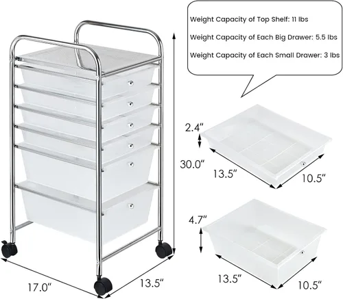 Miniatura 3 de Happygrill Carrito organizador de 6 cajones, carrito de almacenamiento móvil con cajones extraíbles y ruedas con cerradura, carrito de Transparente