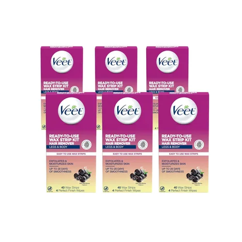Miniatura 10 de Veet Kit de tiras de cera depiladoras dermatológicamente probadas, listas para usar, 40 unidades para piernas y cuerpo (paquete de 2)
