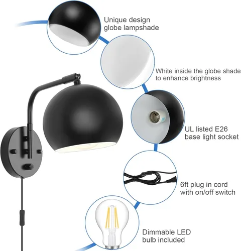 Miniatura 4 de VATONI Apliques de pared enchufables, Apliques de pared regulables con brazo oscilante con cable de enchufe y interruptor de regulación y Negro