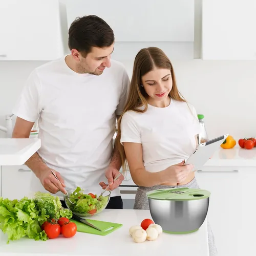 Miniatura 8 de SUSTEAS Centrifugador de Ensalada de Acero Inoxidable Grande, Tazón de Lavado de Verduras, Secador de Frutas y Hierbas con Cortador de 5 Cuchillas