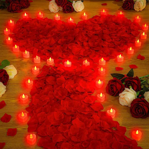 VIHOSE 4000 pétalos de rosa artificiales con 24 velas LED de té, velas LED sin llama, pétalos de rosa falsos para bodas, fiestas de cumpleaños (luz