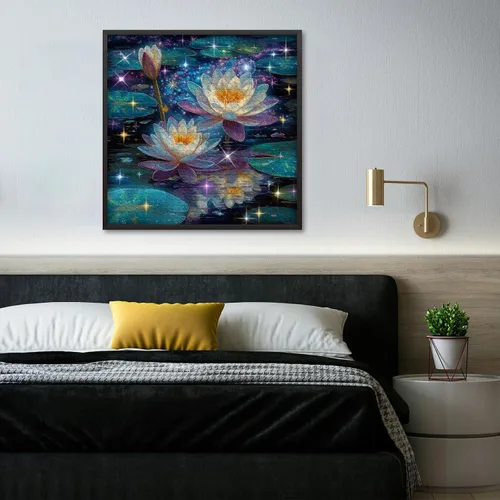 Miniatura 3 de Rompecabezas de flores de loto de ensueño para adultos, 1000 piezas, rompecabezas artístico de lirio de agua de fantasía con estrellas brillantes