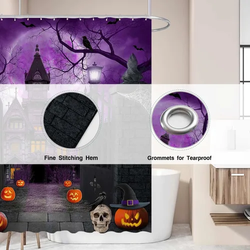 Miniatura 3 de Allenjoy Cortina de ducha de Halloween de 72 x 72 pulgadas para baño, juego de cortina de ducha de noche aterradora, luna gótica, casa encantada