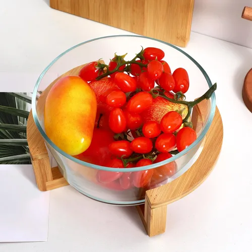 Miniatura 5 de Ensaladera grande de vidrio con base de madera, 84.5 fl oz, resistente al calor, para frutas, aperitivos, postres, microondas y lavavajillas, ideal