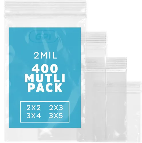 GPI - Bolsas de plástico transparente con cremallera, paquete de 400 unidades, 2 mil, 4 tamaños, 2 x 2 pulgadas, 2 x 3 pulgadas, 3 x 4 pulgadas, 3 x