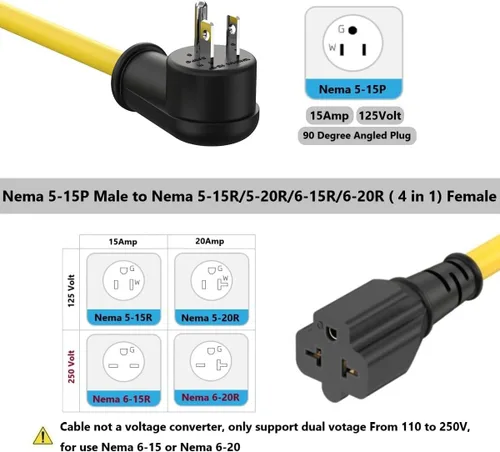 Miniatura 3 de Cable adaptador de enchufe doméstico de 1 pie de 12 AWG en ángulo recto de 15 amperios a 20 amperios, cable adaptador de enchufe de 90 grados Nema