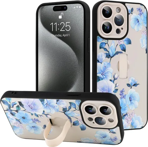 Miniatura 98 de Funda diseñada para iPhone 17 Pro Max con soporte plegable y correa para dedos, bonito patrón de lazo de corazón de flor rosa para mujeres y niñas