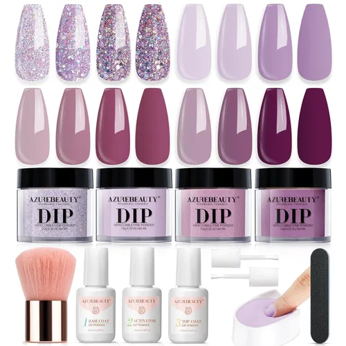Miniatura 16 de AZUREBEAUTY Kit de iniciación de uñas en polvo de inmersión, 4 colores con purpurina rosa suave, arte de uñas francés, con capa base, capa superior
