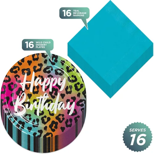 Miniatura 2 de Live It Up! Party Supplies Wild Child - Platos de postre de papel con estampado de animales y servilletas de color verde azulado, colorido estampado