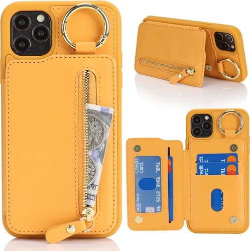 Miniatura 12 de Havaya Funda para iPhone 11 Pro Max con tarjetero y llavero, soporte de cuero, a prueba de golpes, con ranuras para tarjetas de crédito, cremallera