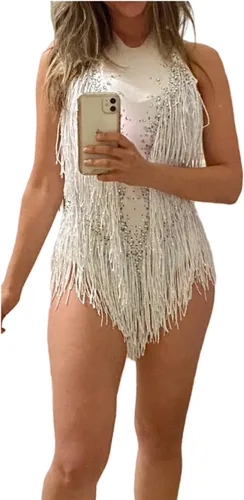 Miniatura 2 de Body blanco brillante con diamantes de imitación para mujer, traje de drag queen, trajes de baile con flecos