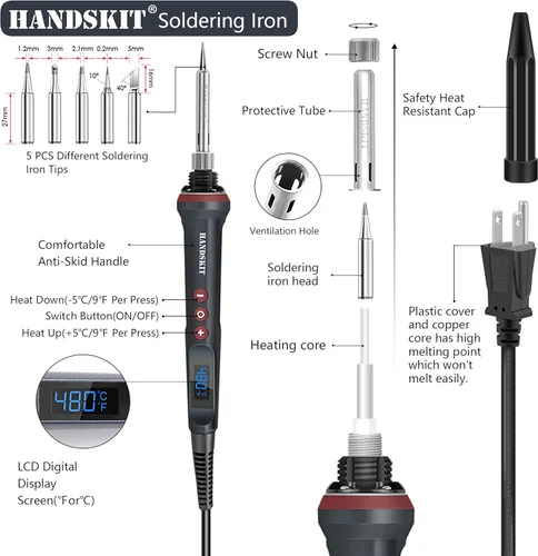 Miniatura 2 de Kit de soldador, 90 W, temperatura ajustable, 356.0-896.0 °F, soldador con pantalla LED, kit de pistola de soldadura 9 en 1, incluye 5 puntas, cable