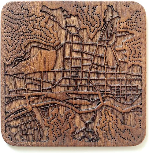 Miniatura 13 de Posavasos Amsterdam Map by O3 Design Studio, 1 pieza, posavasos de madera Sapele con mapa de la ciudad, hecho a mano, varias ciudades opcionales