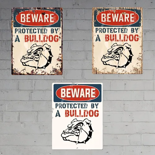 Miniatura 2 de Placa de metal con texto en inglés «Beware Protected by A Bulldog» (Beware Protected by A Bulldog), estilo vintage, retro, rústico, 9 x 12 pulgadas
