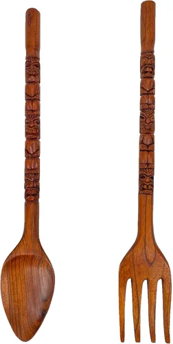 Miniatura 11 de Zeckos Arte de decoración de pared con cuchara y tenedor de madera tallada con diseño Tiki – Juego de decoración de utensilios de madera – 16