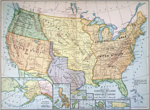 Mapa Expansión de Estados Unidos 1905 Nmap de los Estados Unidos 1905 Mostrando su expansión por compra y conquista hasta el final de la guerra