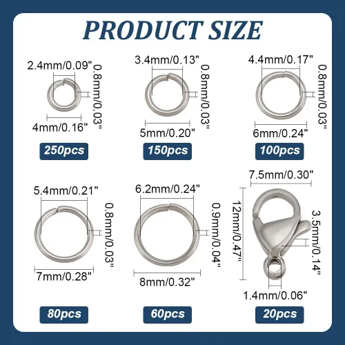 Miniatura 2 de PH PandaHall 640 anillos de salto de acero inoxidable 304 con 20 cierres de pinza de langosta de 0.472 x 0.295 in, anillos de salto abiertos