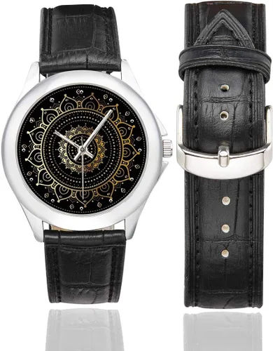 Miniatura 2 de Abstract Paisley Mandala Impermeable Reloj de Pulsera de Cuero Clásico de Acero Inoxidable para Mujer Negro