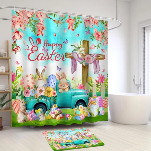 Miniatura 8 de Lutto Cortina de ducha de Pascua, cortinas de ducha de primavera para baño, juego de baño de Pascua con flor de conejo para decoración de baño, 72 x