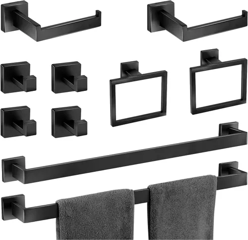 Miniatura 8 de Juego de accesorios de baño de 5 piezas, color negro mate, toallero montado en la pared, soporte para papel higiénico, ganchos de acero inoxidable
