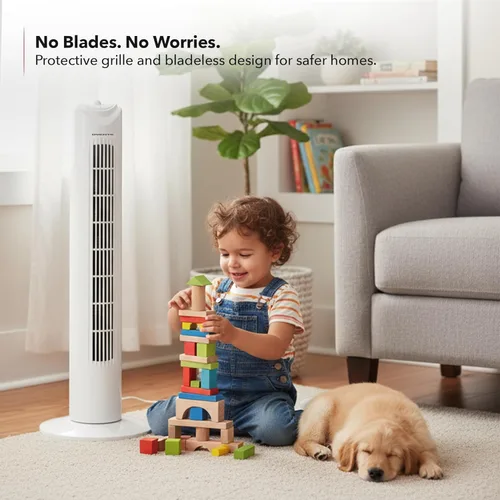 Miniatura 3 de OVENTE Ventilador de torre de 32 pulgadas para dormitorio, ventilador de soporte portátil con oscilación de 90°, velocidad ajustable, ventilador