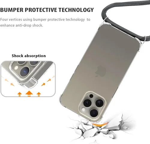 Miniatura 3 de Funda con cordón para iPhone 15 Pro Max, funda transparente con correa de cordón ajustable para el cuello, parachoques suave, goma TPU, a prueba