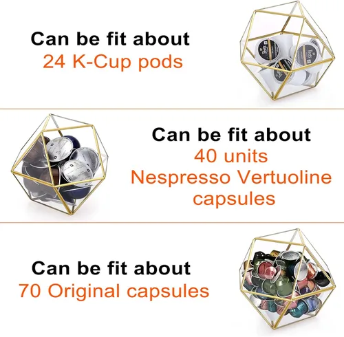 Miniatura 4 de ELLDOO Soporte para cápsulas de café de vidrio dorado, caja de vidrio de 14 caras de gran capacidad para tazas K y cápsulas Nespresso