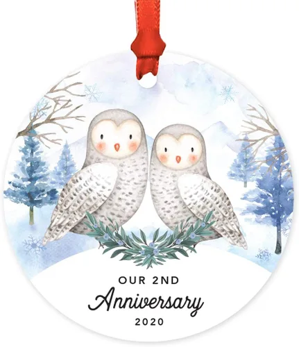 Miniatura 50 de Andaz Press Adorno redondo de recuerdo de Navidad, nuestro 10 aniversario 2025, búhos de nieve de invierno en acuarela, 1 paquete, incluye cinta