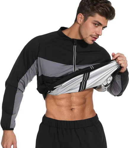 Miniatura 8 de LAZAWG Traje de sauna para hombre, manga larga, sudadera con cremallera, chaqueta de sauna para gimnasio, entrenamiento, ejercicio Negro
