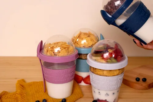 Miniatura 6 de Salda Paquete de 4 tazas de desayuno sobre la marcha, taza de yogur para llevar y llevar con cobertura de cereales con cuchara, frasco de avena