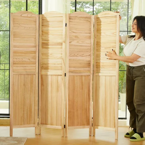 Miniatura 18 de Separadores de habitación y pantallas plegables de privacidad, separadores de madera con listones de pared para el hogar, oficina, dormitorio, 4