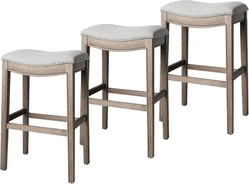 Miniatura 34 de Maven Lane Adrien Taburete de bar sin espalda, asiento de silla de montar de 31 pulgadas con reposapiés, marco de madera maciza gris y tapicería