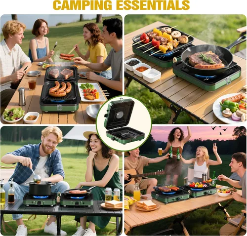 Miniatura 8 de Estufa de campamento de 2 quemadores, estufa de campamento de propano de 10000 BTU, estufa portátil plegable de gas, equipo esencial de campamento