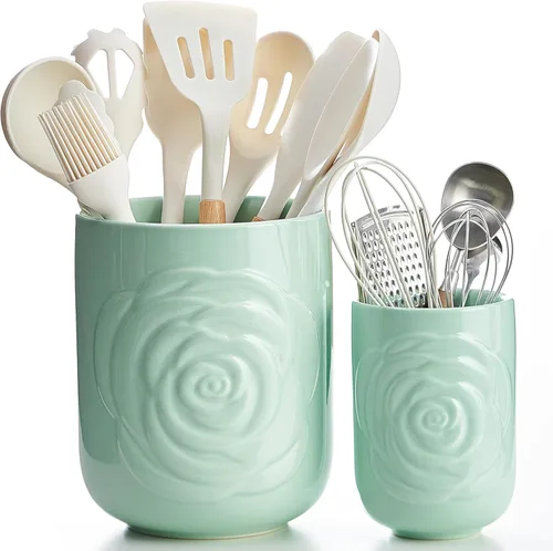 Miniatura 11 de Juego de 2 soportes grandes para utensilios, 7.5 pulgadas + 5.5 pulgadas, recipiente de cerámica para encimera de cocina para espátulas, cucharas
