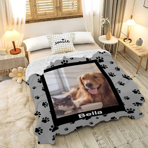 Miniatura 8 de Manta Personalizada de Huellas de Perro con Foto y Nombre para Amantes de Mascotas, Manta Suave de Franela de Vellón Regalo para Amantes de Perros