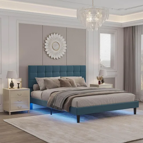 Miniatura 9 de Base de cama moderna de plataforma tapizada de tamaño Queen, marco de cama de lino con luces, cabecera ajustable con costuras cuadradas, sistema