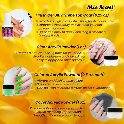 Miniatura 4 de Mia Secret Kit de uñas en polvo de inmersión de 14 piezas, blanco, verde claro, amarillo neón
